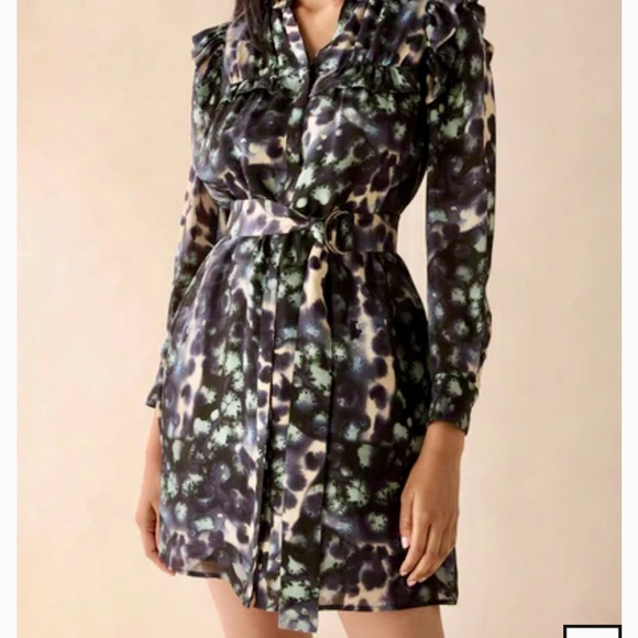 Marie Oliver Rhodes XXS Black Blue Belted Button Down Long Sleeve Mini Dress